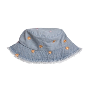 Close-up of light blue denim bucket hat with floral embroidery and frayed edge details
