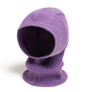 Close-up of purple knitted balaclava showing ribbed texture and warm head covering detail