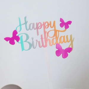 Topper per torta Happy Birthday in acrilico sfumato con farfalle decorative rosa
