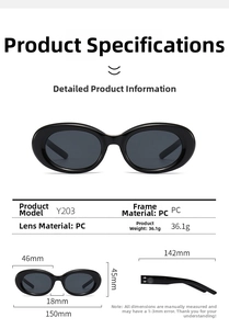 Detailed size specifications and PC material dimensions for the oval Y203 sunglasses