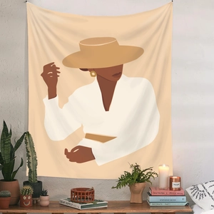 Boho Wandteppich Detail mit abstrakter Kunst und Zimmerpflanzen Dekoration für Zimmer