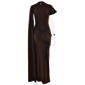 Detail of dark brown long dress with waist pleats and side drape design on mannequin