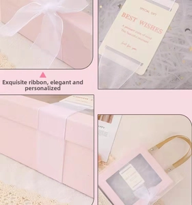 Detail view of pink gift box set with textures, ribbons, and transparent tote bag
