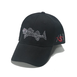 Black cotton baseball cap featuring white fish bone embroidery and side letter detail
