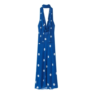 Robe Midi À Pois Pour Femmes Dos Nu Licou Mousseline Sans Manches Élégante Été Bleu