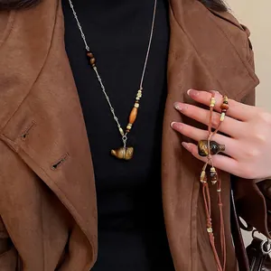Tiger Eye Gourd Pendant Necklace Long Sweater Chain Wood Beads Copper Accessories Retro Ethic Style For Women Handmade Jewelry