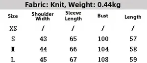 Size chart for knit jacket with faux fur effect including bust and sleeve measurements
