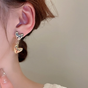 Two-tone metallic heart drop earrings in gold and silver finish for a trendy look