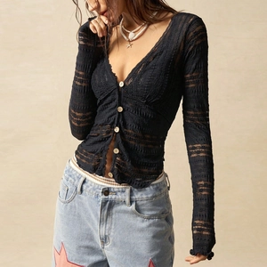 Women Black Lace Long Sleeve Top See Through Hollow Out Slim Fit Sweetheart Neck Cardigan Streetwear