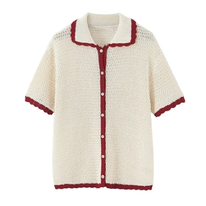 Women's cream knit polo shirt and shorts set with burgundy trim and hollow texture