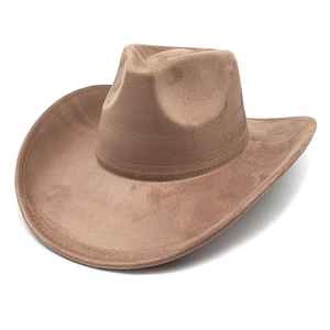 Classic light brown suede western cowboy hat with wide brim and decorative stitching
