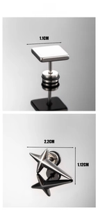 Detail view of cross and star stainless steel studs with size dimensions 1.1cm and 2.2cm
