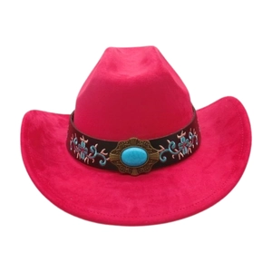 Western Cowboy Hat Faux Suede Ethnic Floral Embroidery Turquoise Stone Wide Curved Brim Vintage Bohemian Style For Women Men