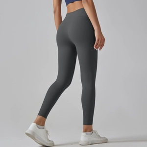 Detailed back view of high-waisted seamless dark grey yoga pants with matte finish