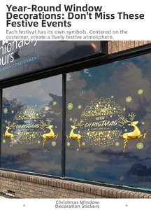 Close-up of golden reindeer window decals and festive starlight ornaments on a glass storefront