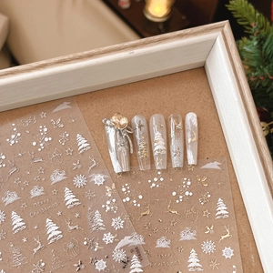 Autocollants Ongles Noël Relief 3D Or Argent Flocon Neige Élan Auto-adhésif Décoration Manucure DIY Vacances