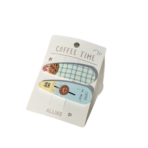 Coffee theme fabric hair clips set with blue and beige patterns on white card