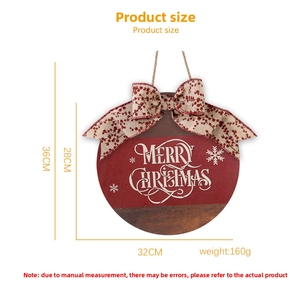 Detail view of 32cm round wooden Merry Christmas sign with dimensions and rustic bow
