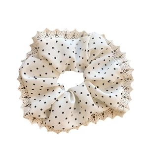 Polka dot chiffon scrunchie with lace edge, elegant white and black hair accessory