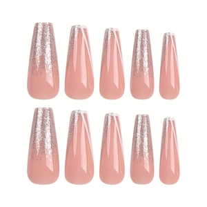 French tip long coffin press-on nails with nude pink base and silver glitter gradient