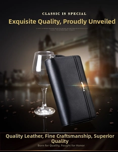 Macro view of black lychee grain leather wallet with elegant metal decorative strip