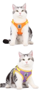 Close-up of breathable mesh cat harness in orange and purple with reinforced stitching