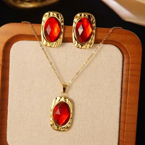 Starfish ocean jewelry set with red crystal necklace and matching gold earrings