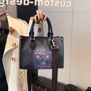 Skull Print Handbag PU Leather Large Capacity Punk Gothic Halloween Shoulder Crossbody Bag For Women Trendy Fashion