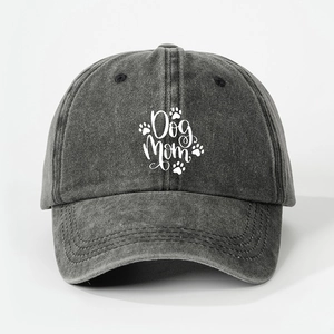 Washed vintage baseball cap for women with Dog Mom text and paw prints in grey