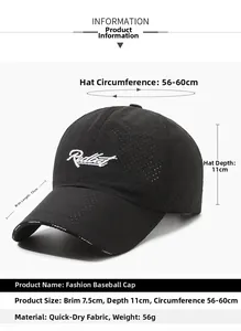 Détail de la casquette de baseball noire à séchage rapide montrant les dimensions et le mesh