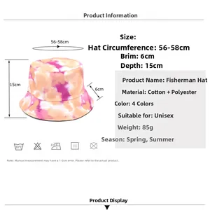 Pink and orange tie-dye bucket hat size chart with cotton blend material specifications