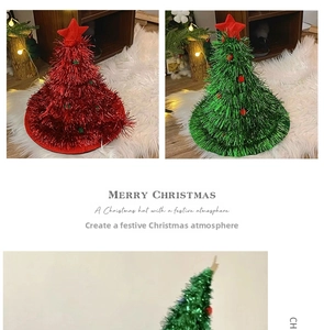 Detail showing plush tinsel Christmas tree hats with pom poms and stars for holiday decor