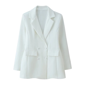 Classic white double-breasted women's blazer with lapel collar and flap pockets