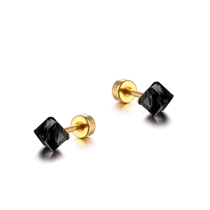 Minimalist square-cut black stone stud earrings with gold metal base on white background