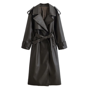 Trench-Coat En Similicuir Pour Femmes Double Boutonnage Texture Litchi Extra Long Coupe-Vent Avec Ceinture Élégant