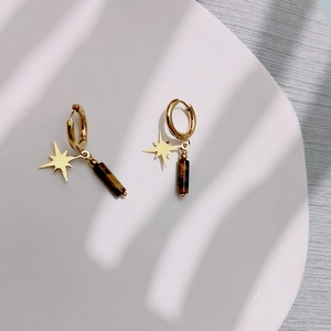 French vintage titanium gold earrings with turquoise octagonal star and brown resin drop