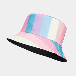 Detailed side view of rainbow striped bucket hat with reversible black inner lining