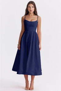 Navy blue backless midi dress featuring a square neck and elegant A-line silhouette