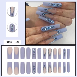 French lavender press-on nails with blue rhinestones and long trapezoid shape, 24pcs set