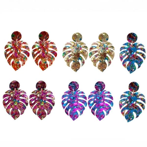 Monstera Leaf Dangle Earrings Acrylic With Colorful Shiny Sequins Tropical Plant Style Fashion Jewelry For Women