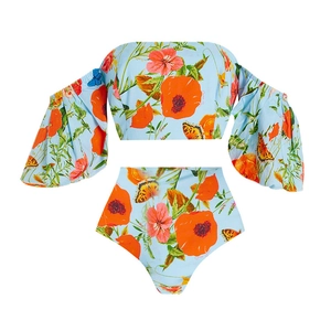 Floral off-shoulder puff sleeve bikini set with butterfly print and high waist bottoms