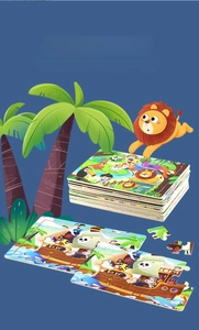 Detail showing smooth edges and thick wooden texture of various animal themed puzzles