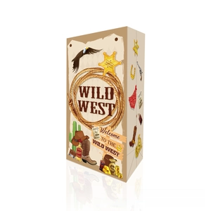 Vue 3D d'une boîte cadeau Wild West avec étoile de shérif, chapeau et cactus