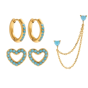 Klassisches 18K vergoldetes Edelstahl-Ohrring-Set mit Türkis im Herz- und Creolen-Design