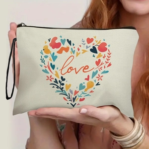 Canvas Linen Makeup Bag Zipper Toiletry Bag With Wristlet Heart Print Portable Cosmetic Pouch Travel Organizer Gift For Women
