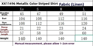 Size chart for women's short-sleeved striped linen shirt detailing exact dimensions