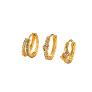 Golden huggie hoop earrings set with star, heart, and turquoise zircon embellishments