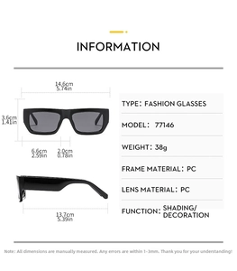 Detailed size chart for retro square sunglasses showing dimensions and PC material specs