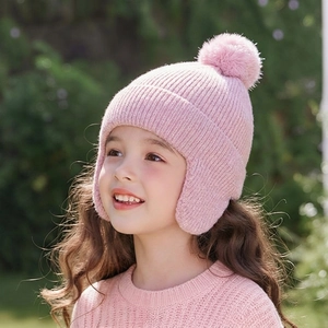 Kids Earflap Knit Hat With Pom Pom Shiny Silver Lurex Warm Winter Windproof Thickened Thermal For Boys Girls