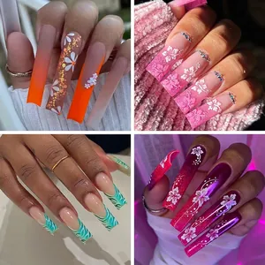 Press On Nails Long Coffin Shape Gradient French Style 3D Flower Rhinestones Decoration Artificial Fingernails For Women